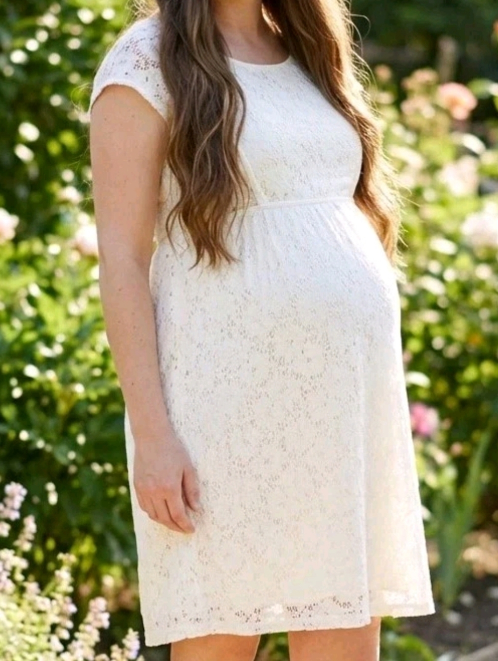 Motherhood Maternity Sz M Ivory Short Sleeve Above Knee Floral Lace Dress Lined